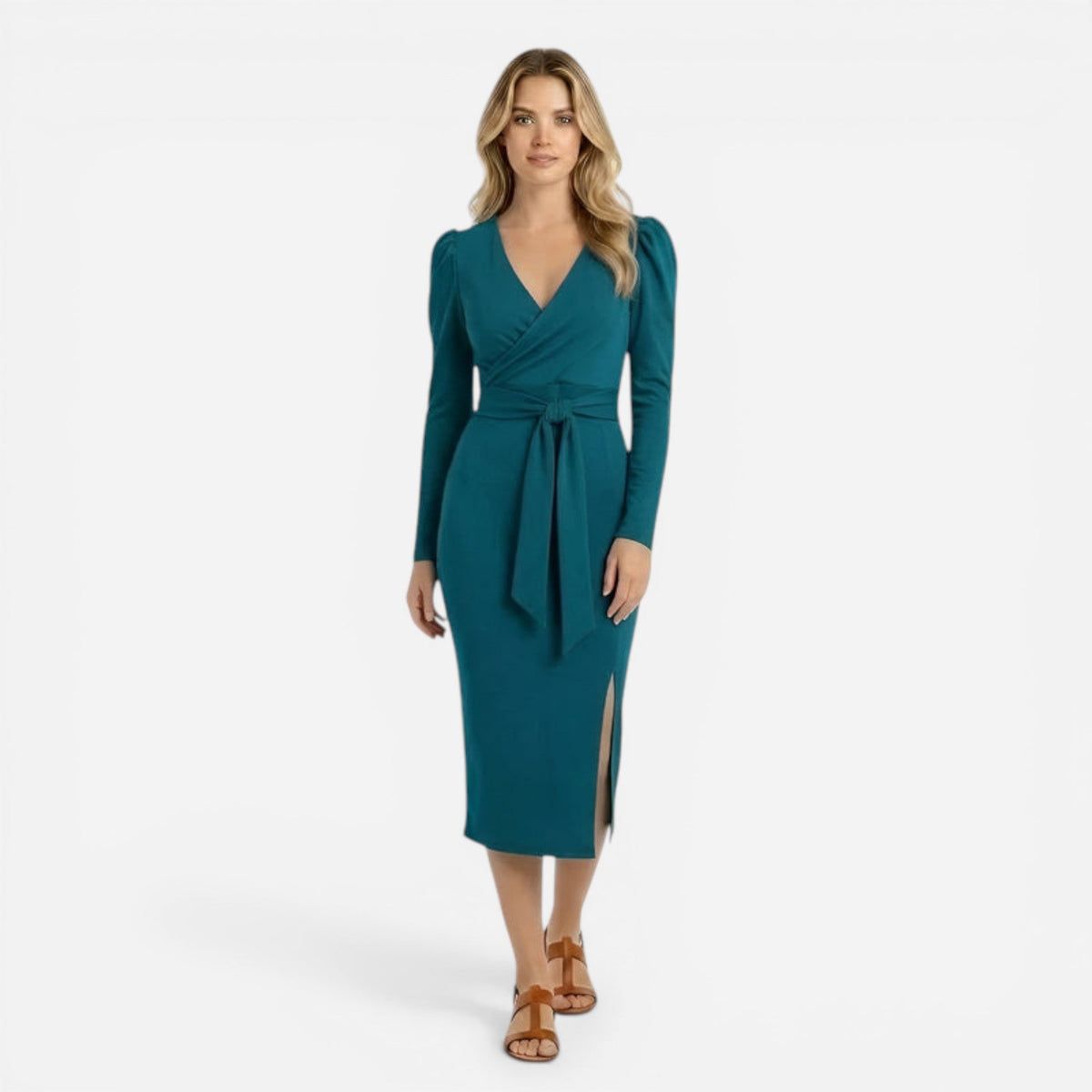 Robe midi cache-cœur à manches longues