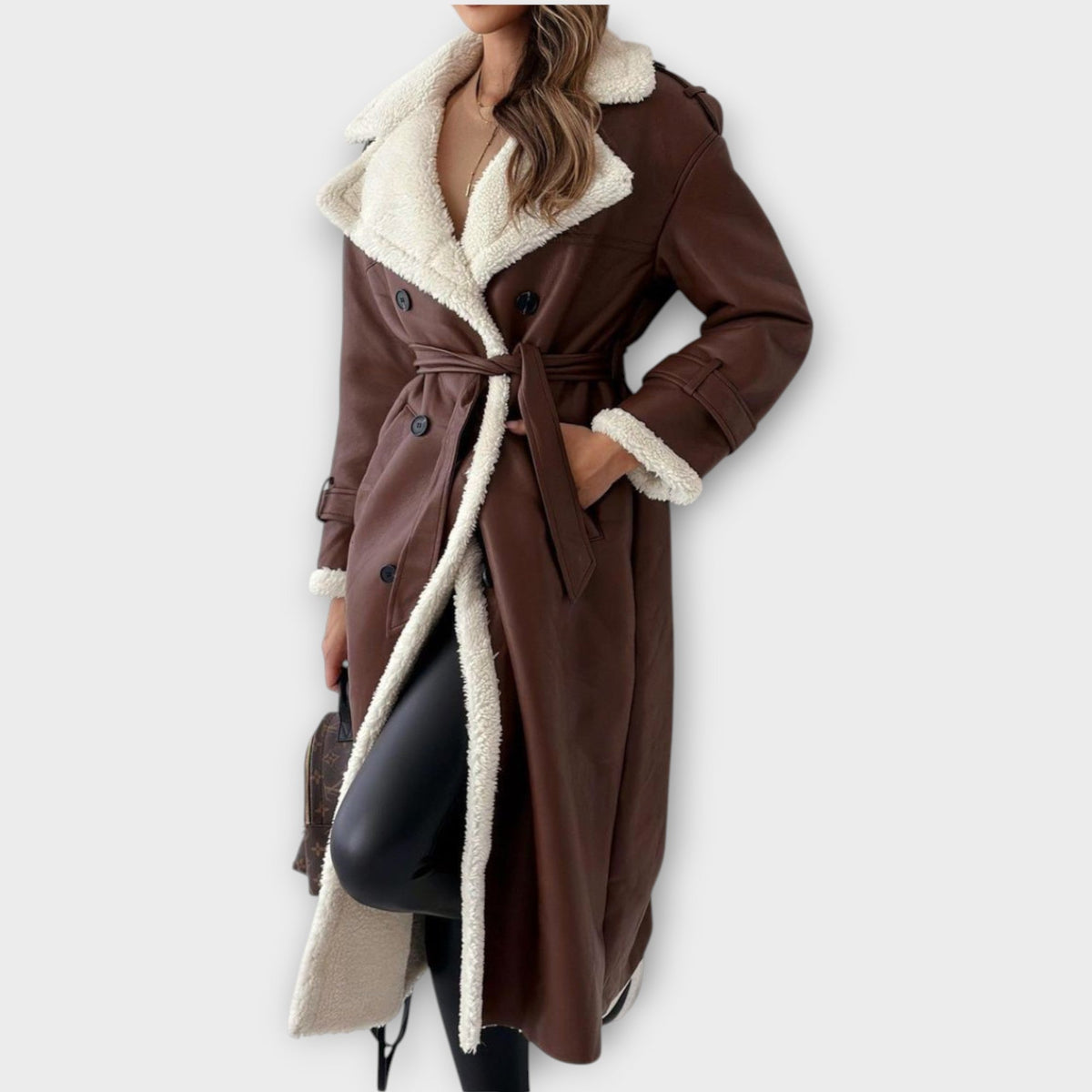 Manteau long croisé doublé en sherpa