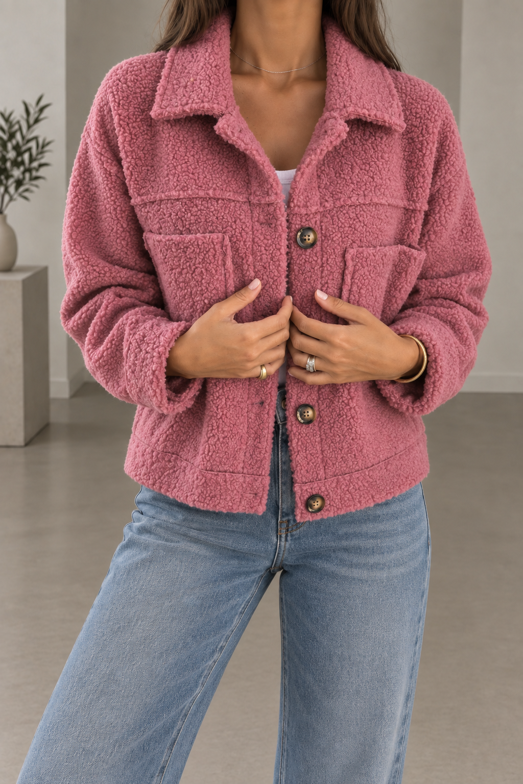 Veste-chemise en peluche teddy à boutons