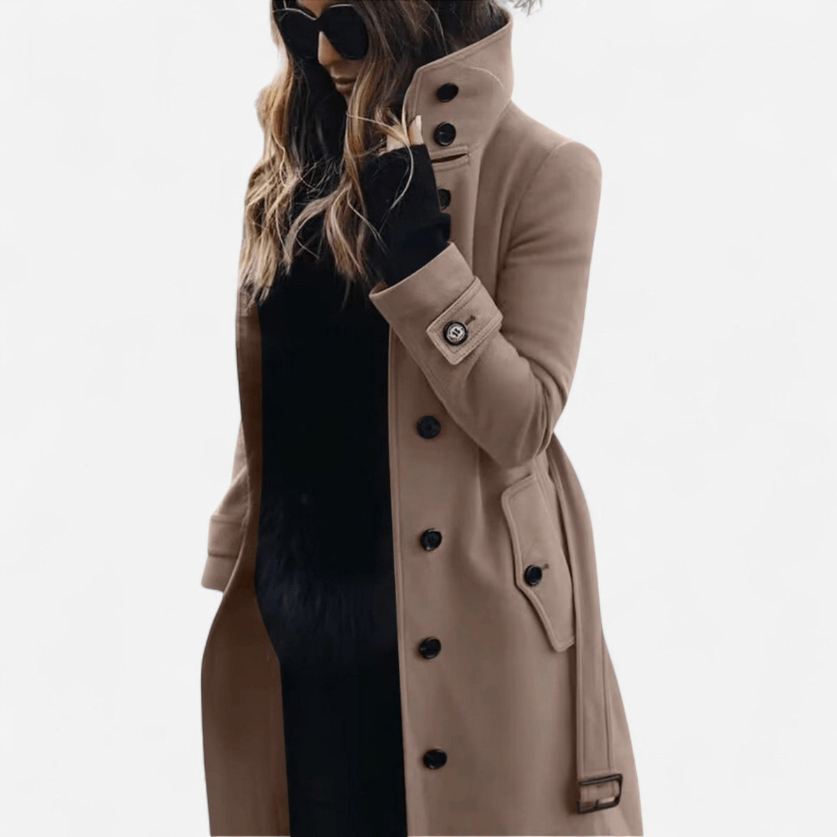 Manteau en laine à col montant ceinturé