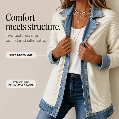 Cardigan long en tricot côtelé à détails en denim