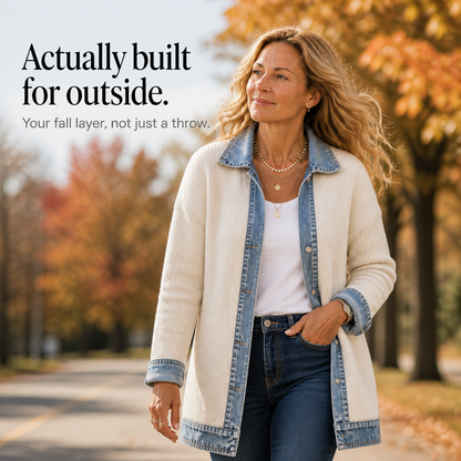 Cardigan long en tricot côtelé à détails en denim