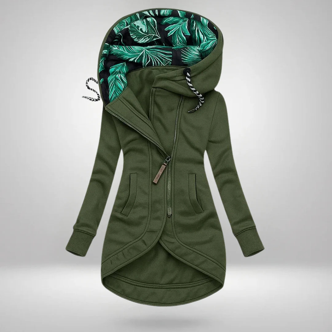 Manteau zippé à capuchon et bas arrondi