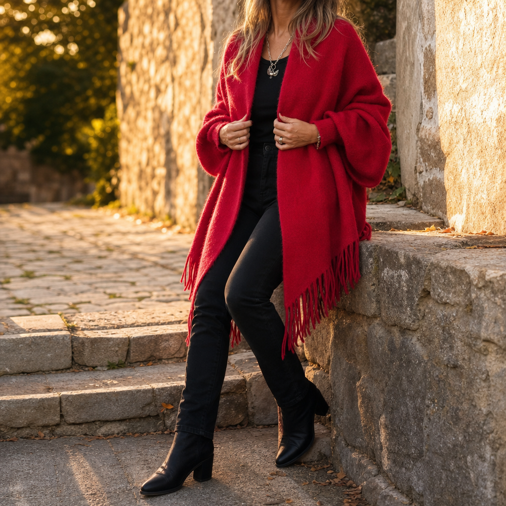 Manteau cache-cœur à col châle et franges
