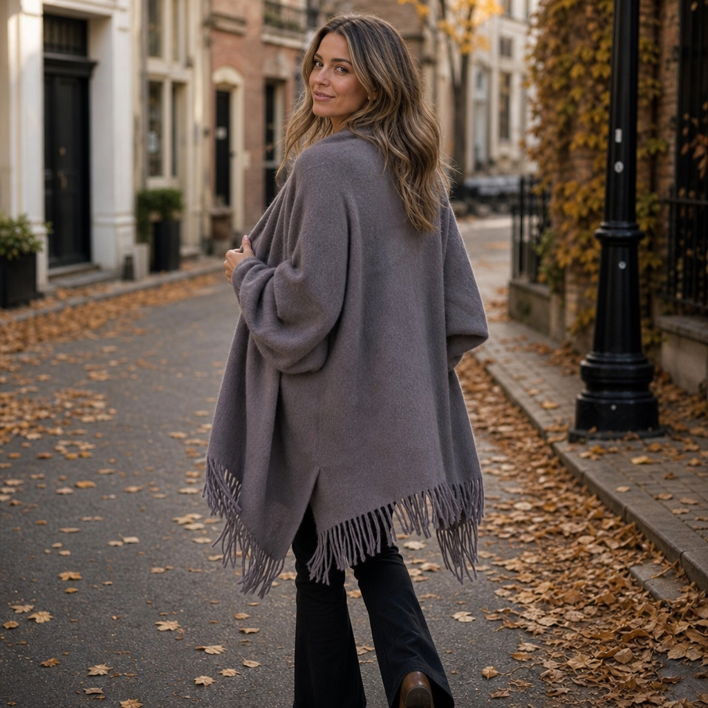 Manteau cache-cœur à col châle et franges