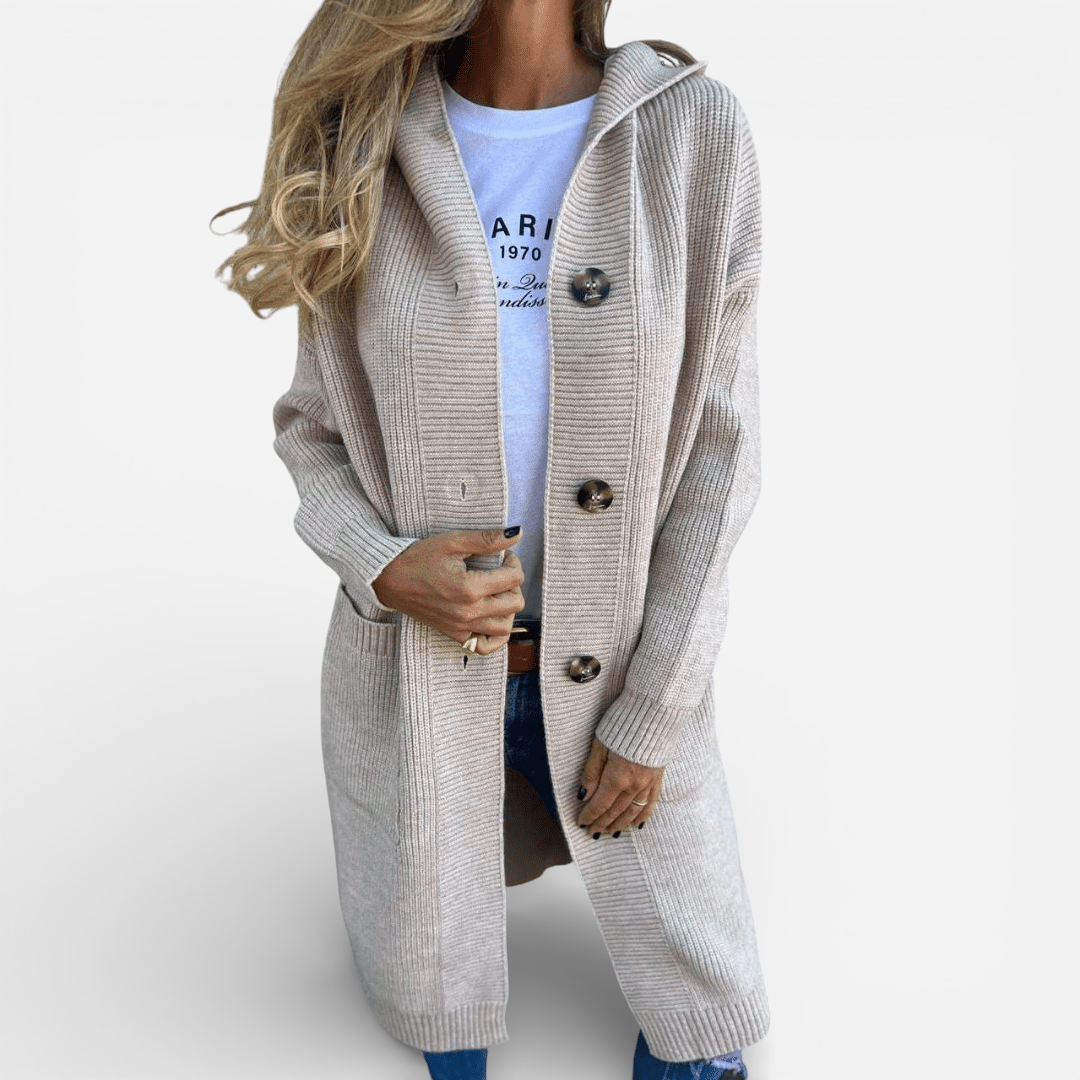 Cardigan long à capuchon et boutons