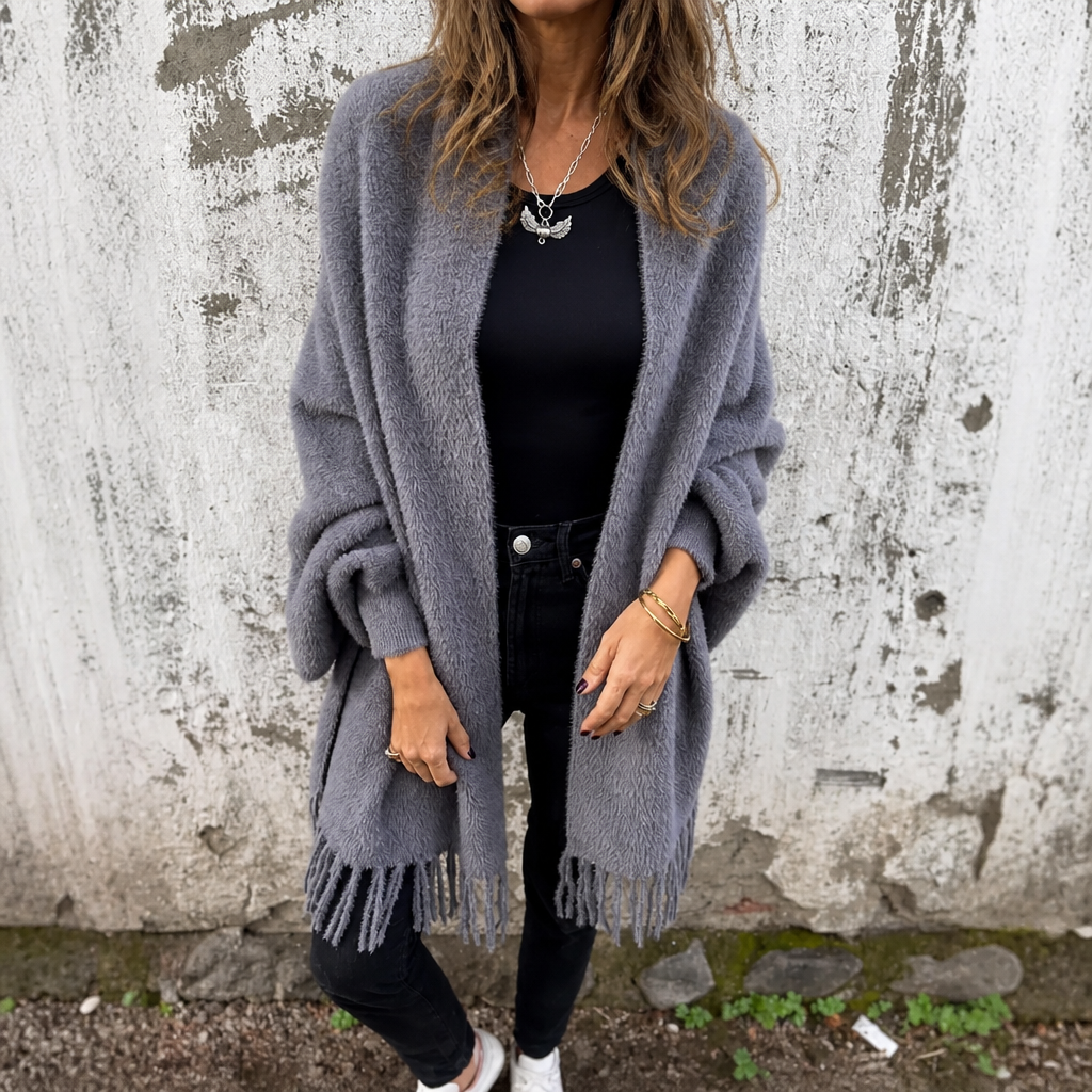 Manteau cache-cœur à col châle et franges