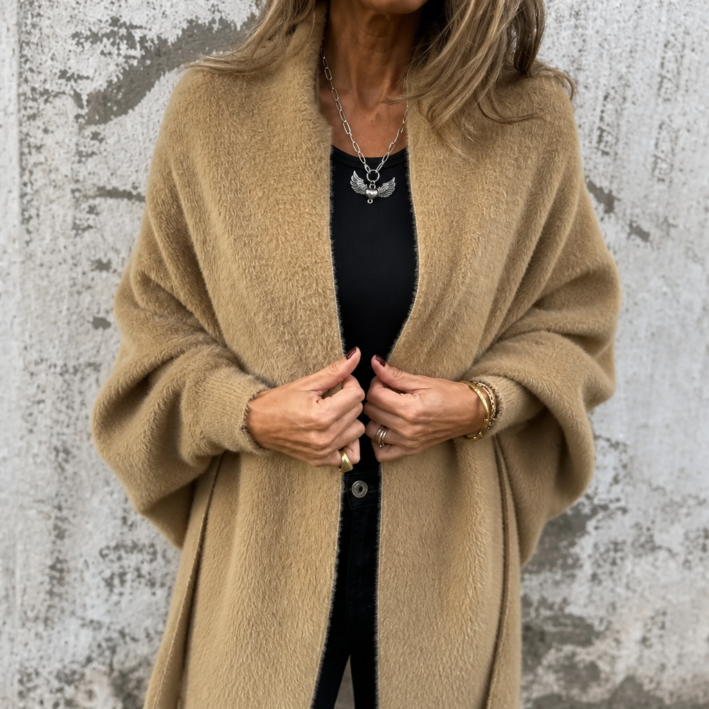 Manteau cache-cœur à col châle et franges