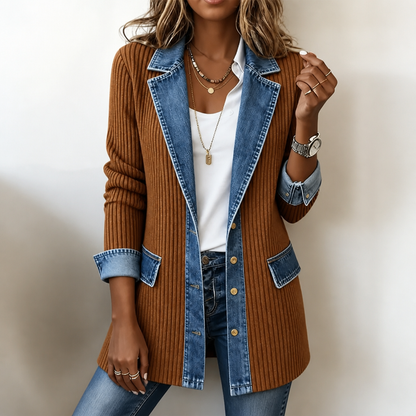Cardigan long en tricot côtelé à détails en denim